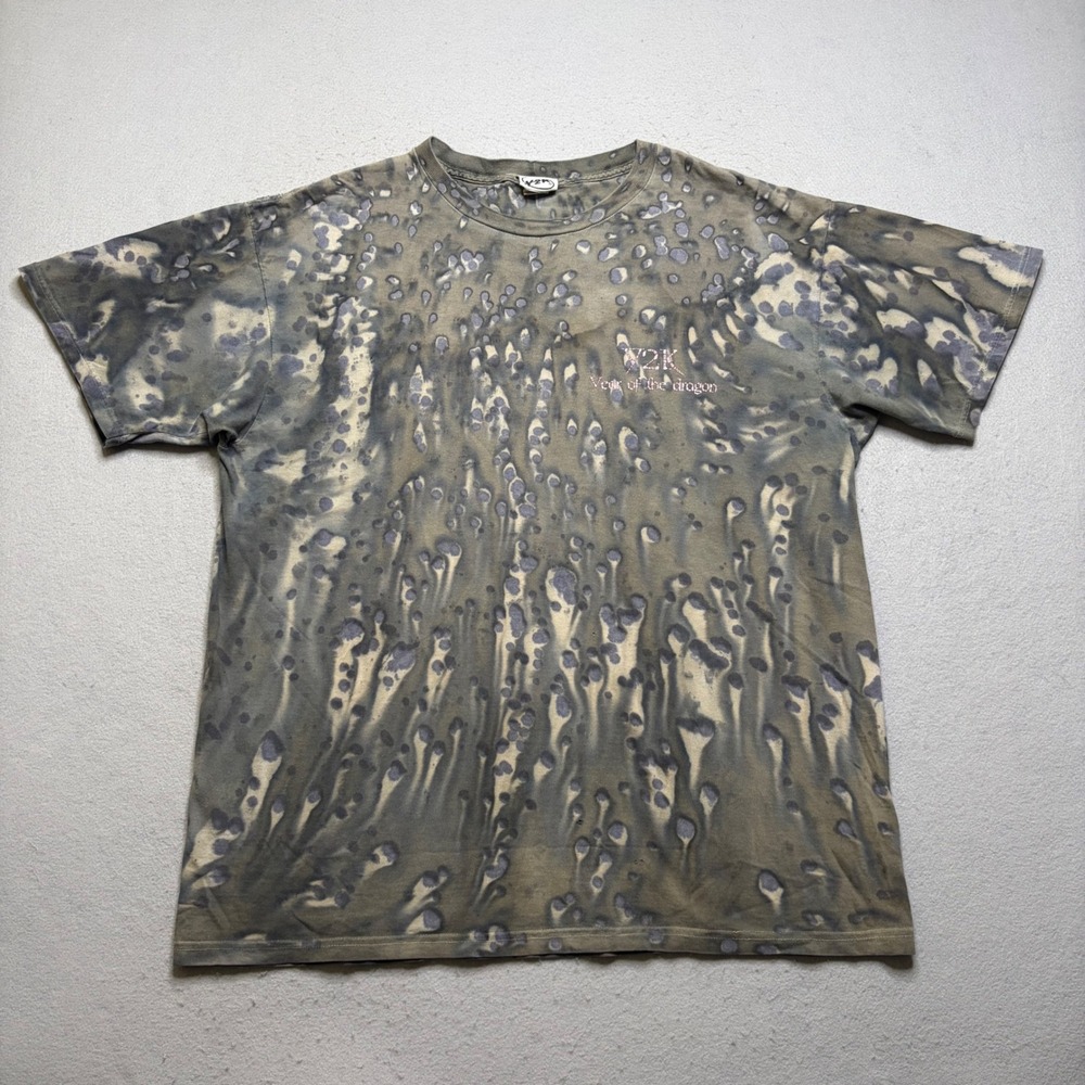 Y2K T-Shirt Mens XL Green Year of the Dragon Bleach Dye‎ Graphic Streetwear Tee
